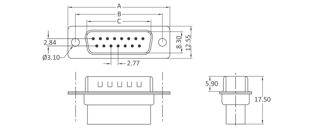 Technische Zeichnung eines Steckverbinders mit Maßangaben in Millimetern. Zeigt Vorder-, Seiten- und Aufsicht mit Pins und Befestigungslöchern.