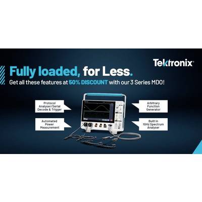 Das Bild zeigt ein Tektronix-Messgerät mit Funktionen wie Protokoll-Analyse, Arbiträre Funktionsgenerator und eingebauten Spektrumanalysator. Text: 'Voll ausgestattet, für weniger. 50 % RABATT'.