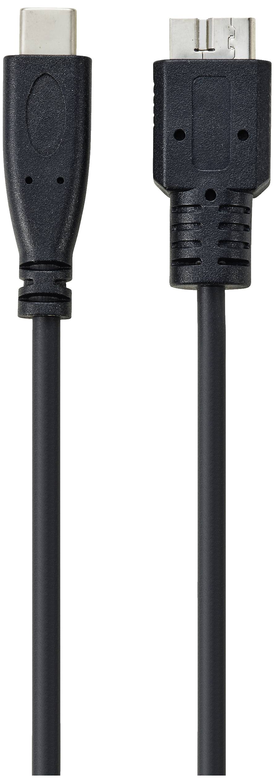 Zwei unterschiedliche schwarze USB-Kabelstecker nebeneinander auf weißem Hintergrund, links steckertyp C, rechts steckertyp B.