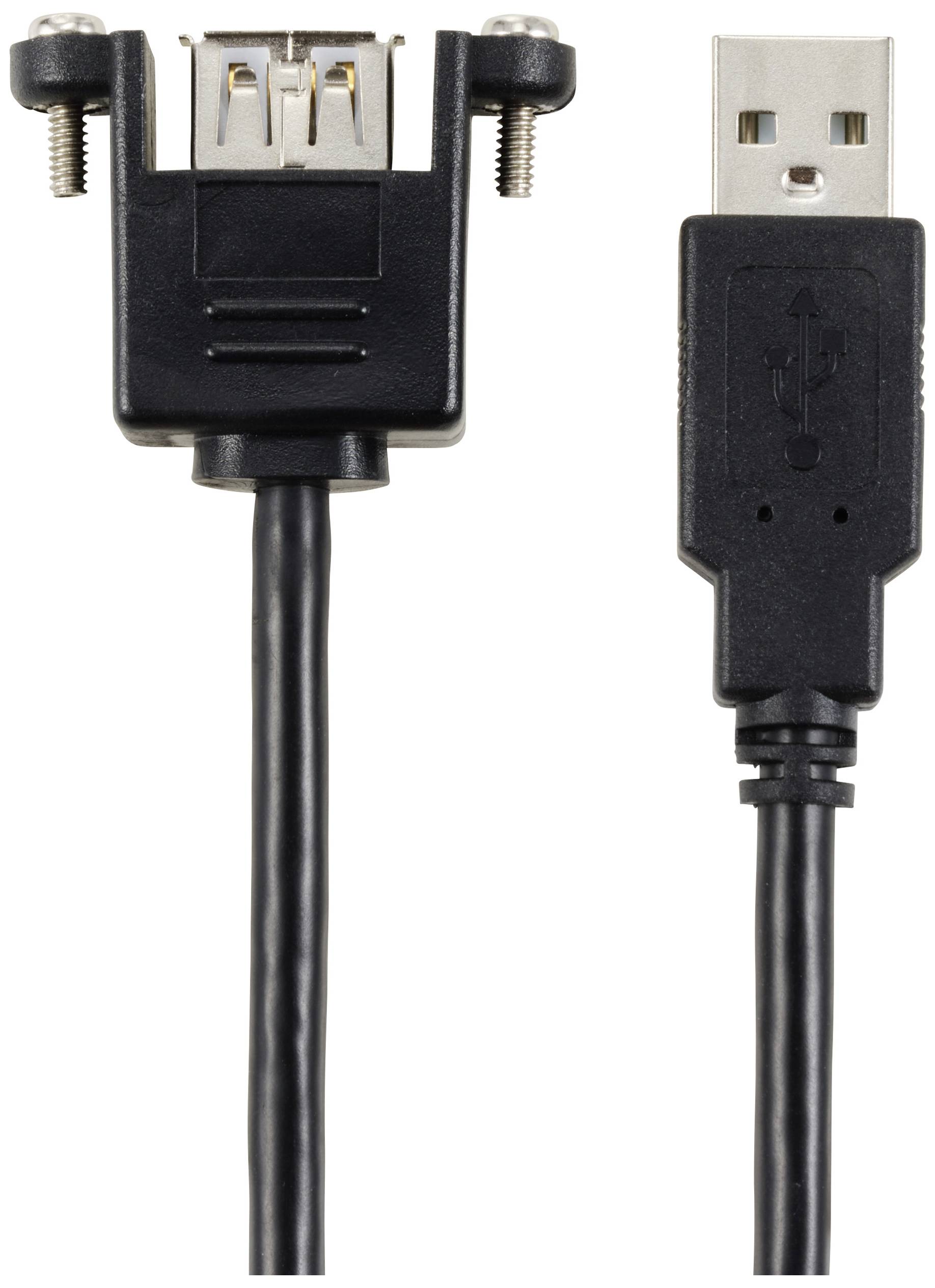 Ein schwarzes USB-Kabel mit einem USB-A-Stecker auf der rechten Seite und einer USB-Buchse mit Montageschrauben auf der linken Seite.