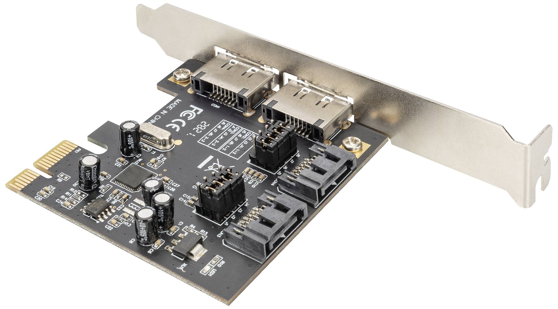 PCIe-Karte mit SATA- und Stromanschlüssen, die für den Einbau in einen Computer geeignet ist. Sie erweitert die Verbindungsmöglichkeiten.