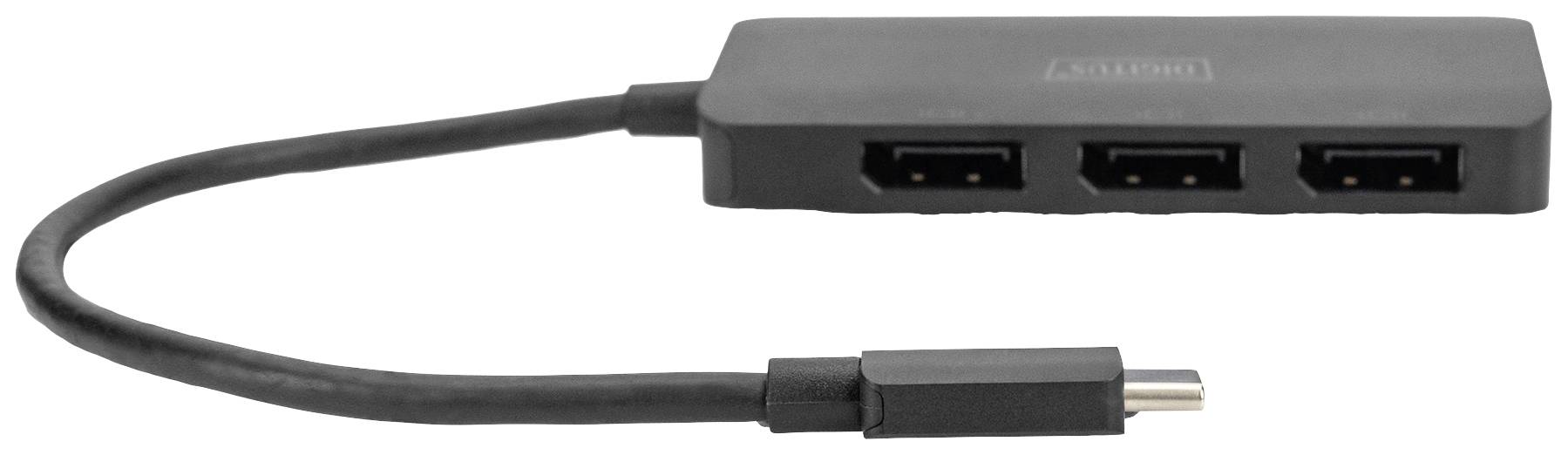 Ein schwarzer USB-Hub mit drei USB-Anschlüssen und einem USB-C-Anschlusskabel, geeignet zum Verbinden mehrerer Geräte.