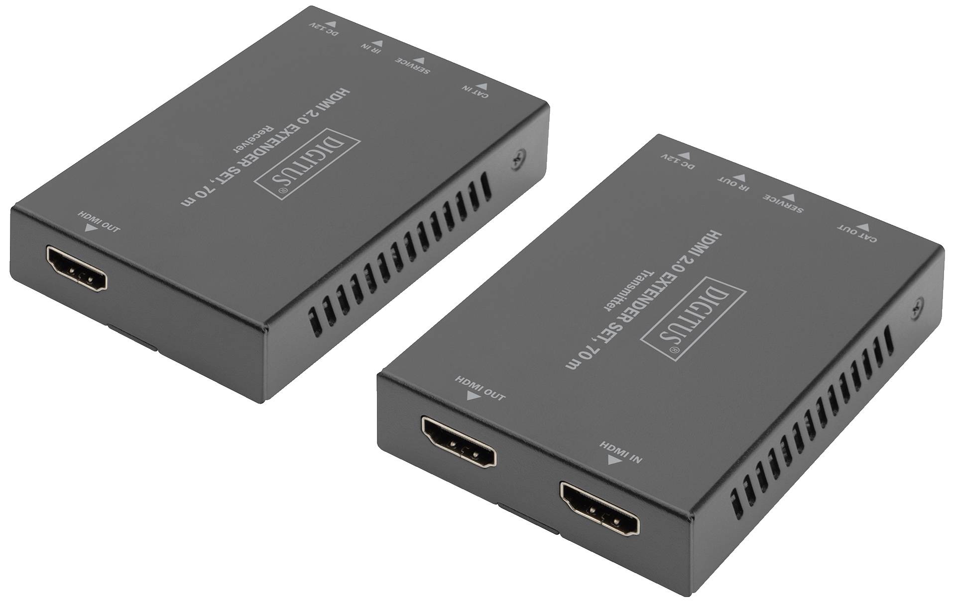 Zwei schwarze HDMI-Extender mit der Aufschrift 'HDMI 2.0 Extender Set 70 m'. Sie sind nebeneinander angeordnet.