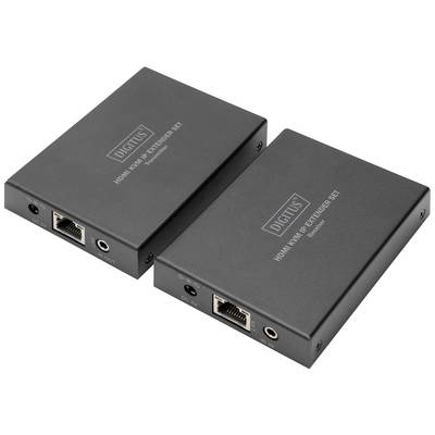 Zwei schwarze HDMI-Extender-Boxen der Marke Digitus mit Anschlüssen für HDMI und Netzwerkkabel, nebeneinander liegend.