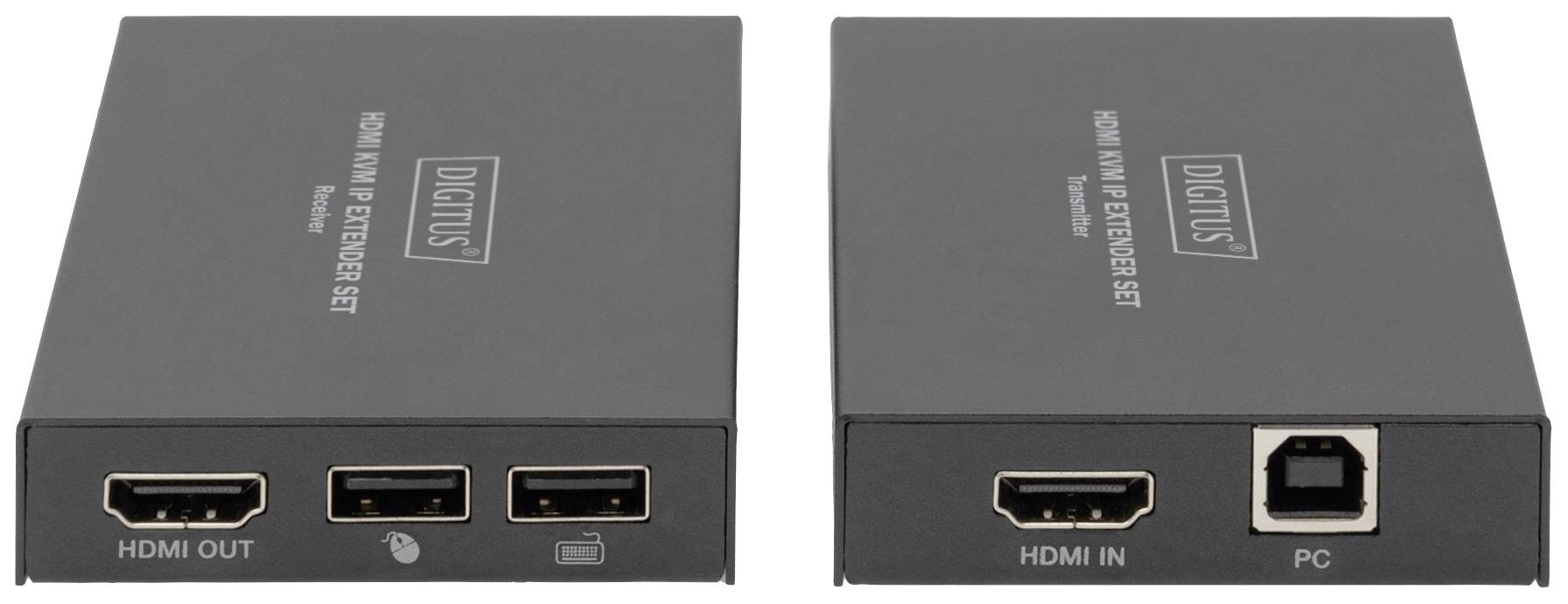 Zwei schwarze Digitus HDMI-Extender. Der eine zeigt zwei HDMI-Anschlüsse und eine RJ45-Buchse, der andere einen HDMI- und einen USB-Anschluss.