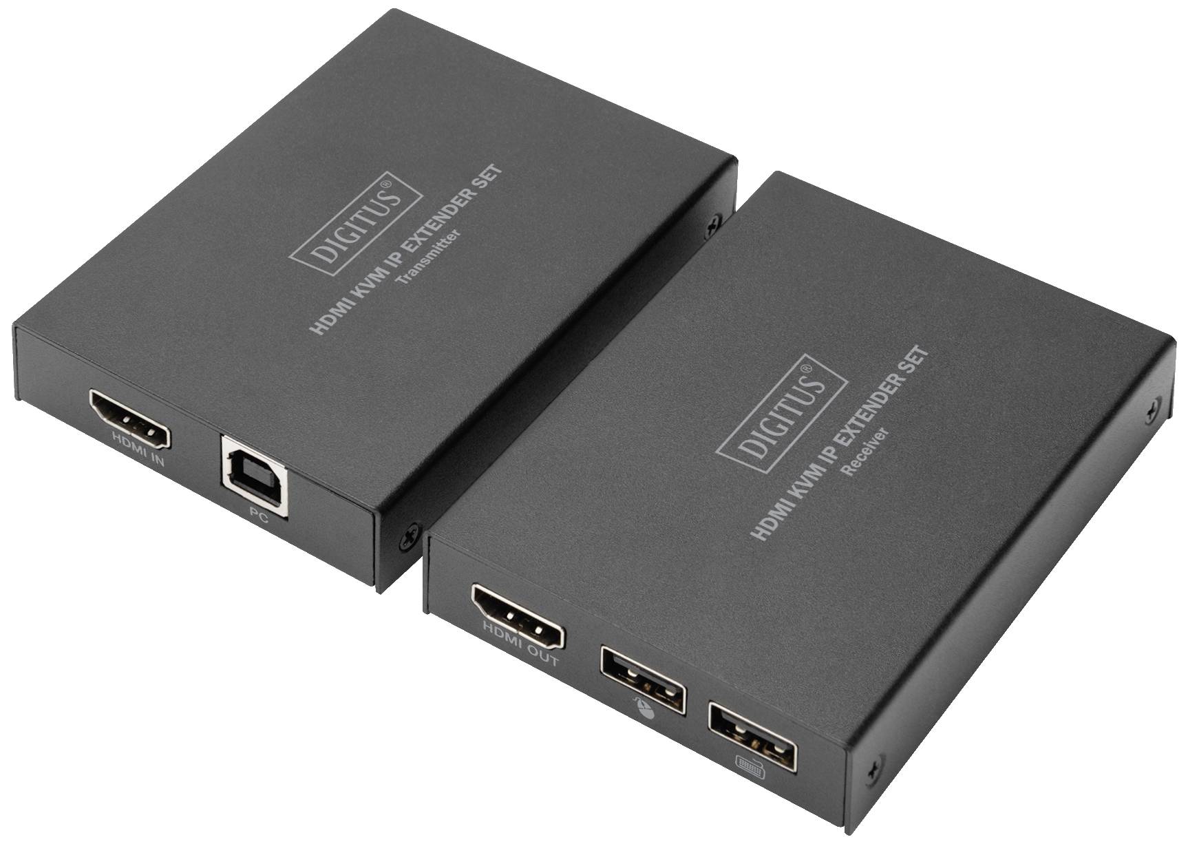 'Digitus HDMI KVM Extender Set' auf zwei schwarzen Geräten, eines mit HDMI- und Netzwerkausgang, das andere mit HDMI- und USB-Anschlüssen.