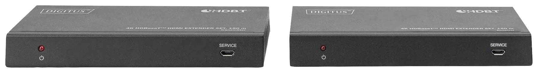 Schwarze elektronische Geräte mit Serviceanschluss und roter LED-Anzeige auf der Vorderseite.