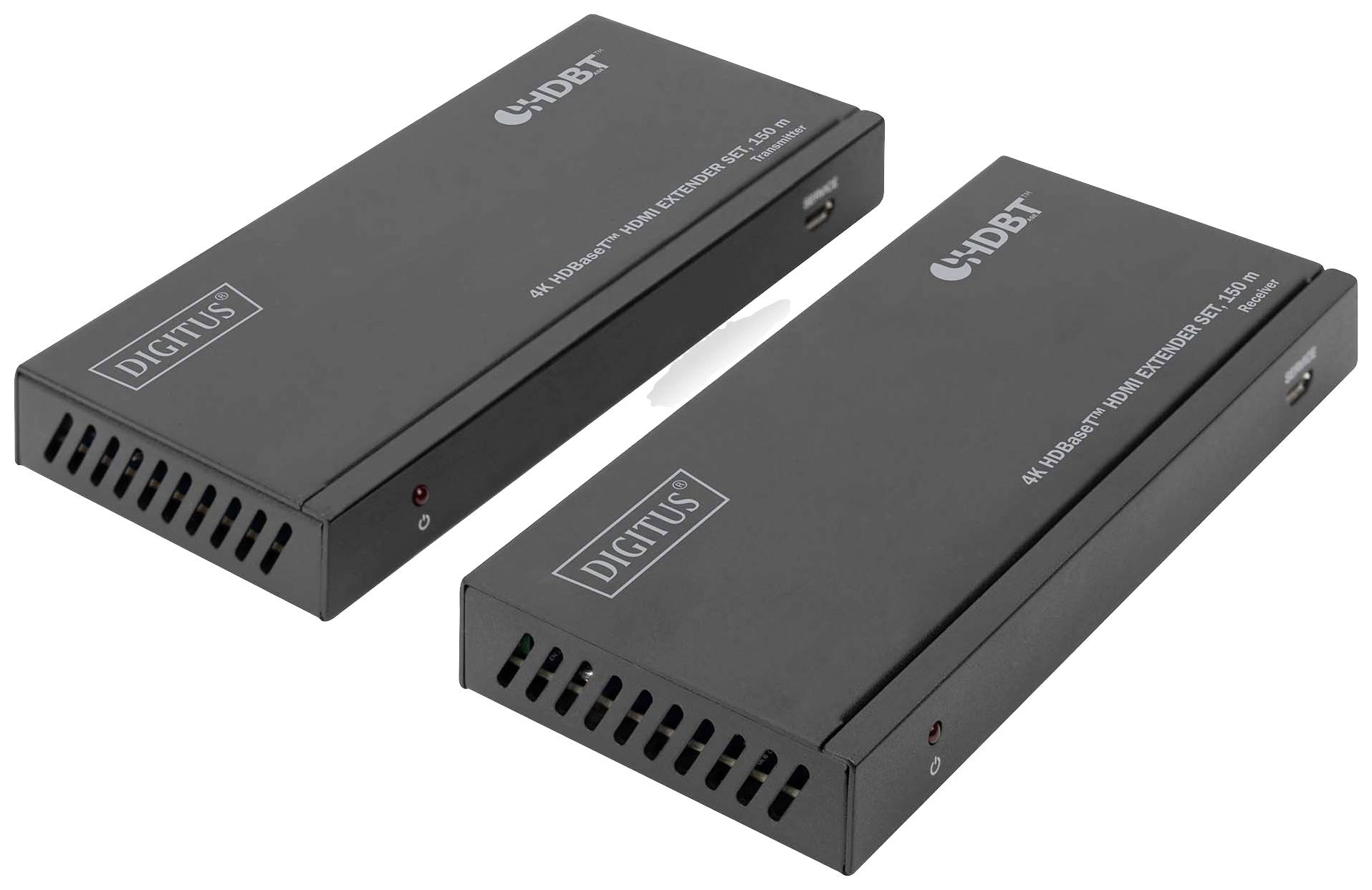 Zwei schwarze Digitus HDBaseT-Extender für HDMI, mit dem Logo und Modellnamen auf der Oberseite. Sie ermöglichen die Videoübertragung.