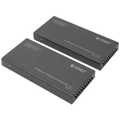 Zwei schwarze HDMI-Extender mit der Aufschrift 'DIGITUS 4K HDMI KVM EXTENDER SET - 70 m', die für die Signalübertragung verwendet werden.