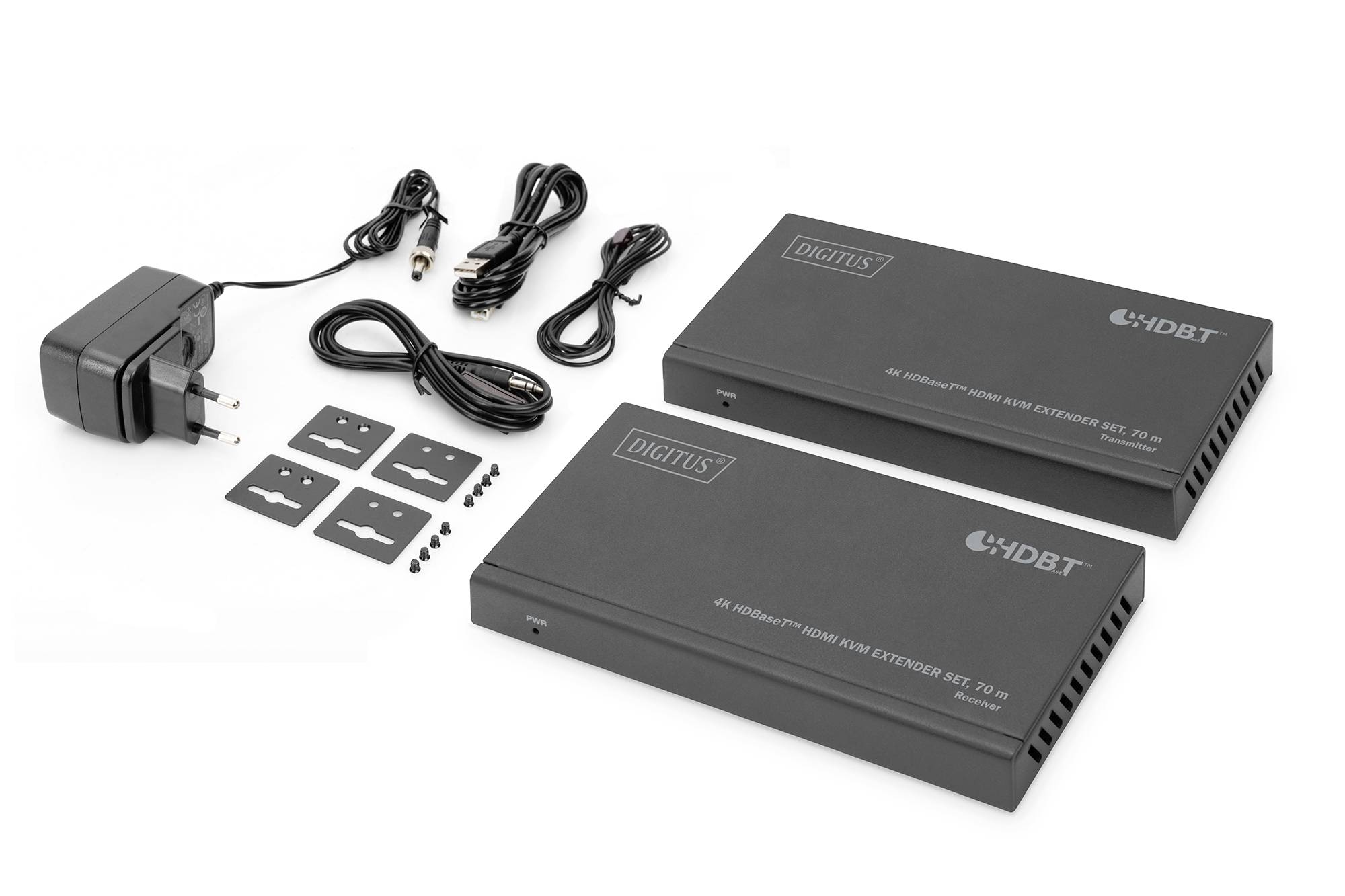 Ein Set von Digitus HDMI-Extendern mit Netzkabeln, Adaptern und Schrauben.
