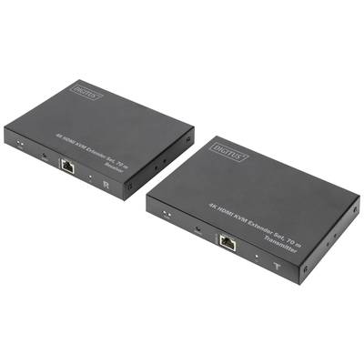 Zwei schwarze 4K HDMI KVM Extender-Geräte, links der Receiver, rechts der Transmitter, beide mit Ethernetanschlüssen.
