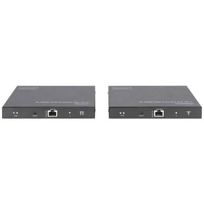 Zwei schwarze HDMI-Extender-Geräte mit Ethernet-Anschlüssen. Links: 'Receiver', rechts: 'Transmitter'. Geeignet für bis zu 70 m.