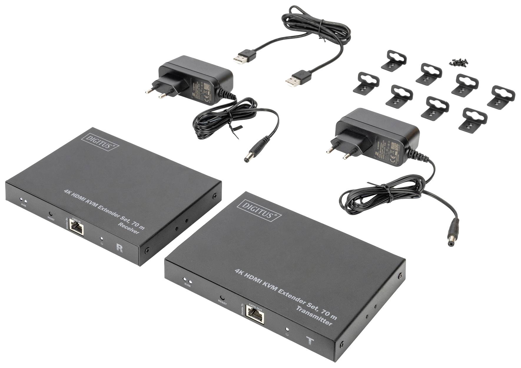 Zwei schwarze 4K HDMI Extender mit Netzteilen und USB-Kabeln. Hauptgerät zum Übertragen von HDMI-Signalen über große Entfernungen.