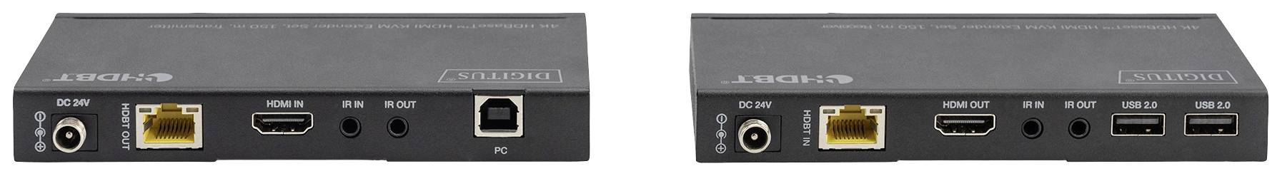 Zwei Netzwerkgeräte mit verschiedenen Anschlüssen: HDMI, USB, Ethernet und Stromanschlüsse. Vorder- und Rückansicht gezeigt.