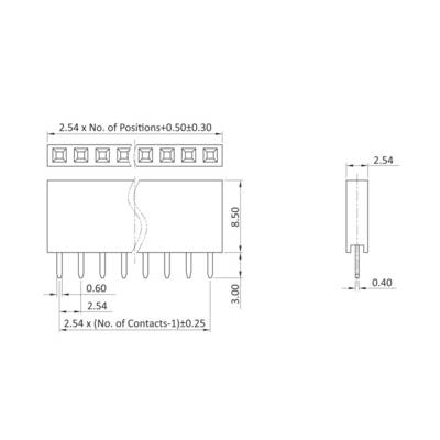 'Steckverbinder-Schema: Ansicht von oben zeigt 10 Kontaktpositionen mit Maßen; Seitenansicht mit Höhe 8,50 mm und Breite 3,00 mm.'