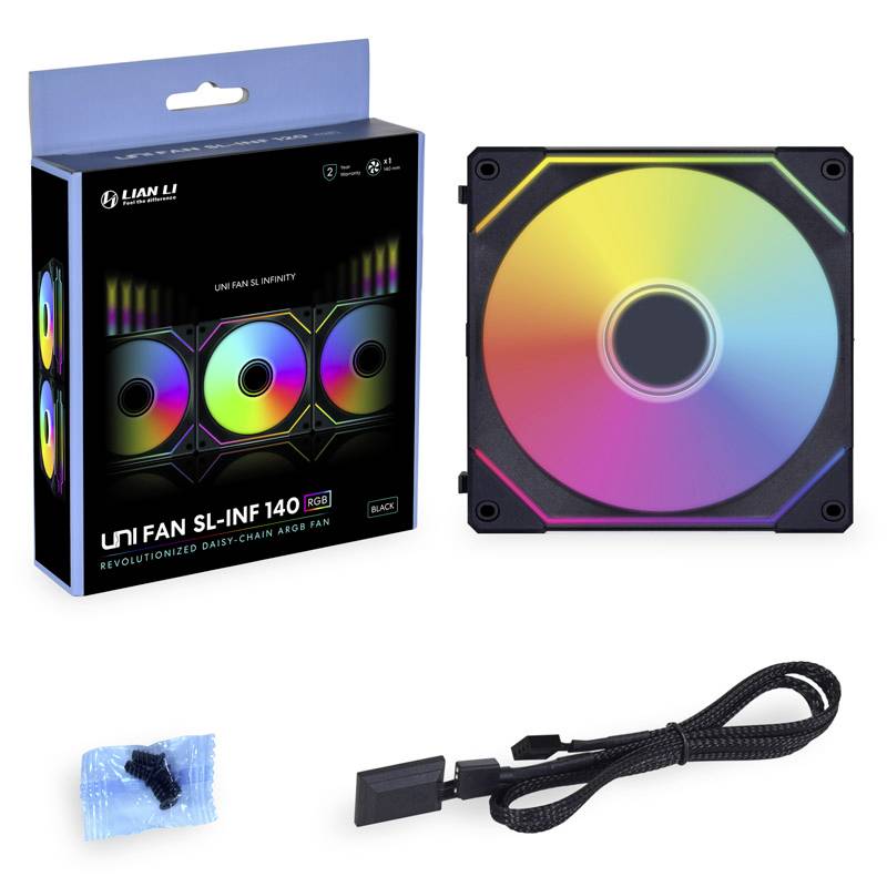 Eine Verpackung zeigt den 'UNI FAN SL-INF 140'. Daneben ein bunter RGB-Lüfter, ein Verbindungskabel und Schrauben. Produkt für PC-Gehäuse.