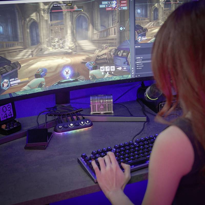 Eine Person spielt ein Videospiel auf einem Computer. Auf dem Bildschirm ist ein Ego-Shooter zu sehen, der in einer Burgumgebung spielt.