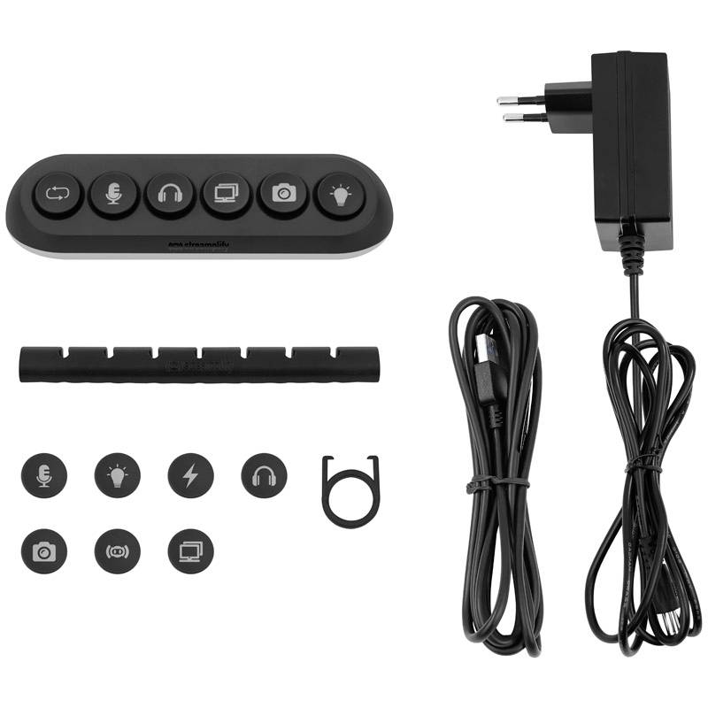 Ein multifunktionales Fotostudio-Steuergerät-Set mit Tastenbedienfeld, Netzteil, Kabel, Halterung und Symbolschaltern.