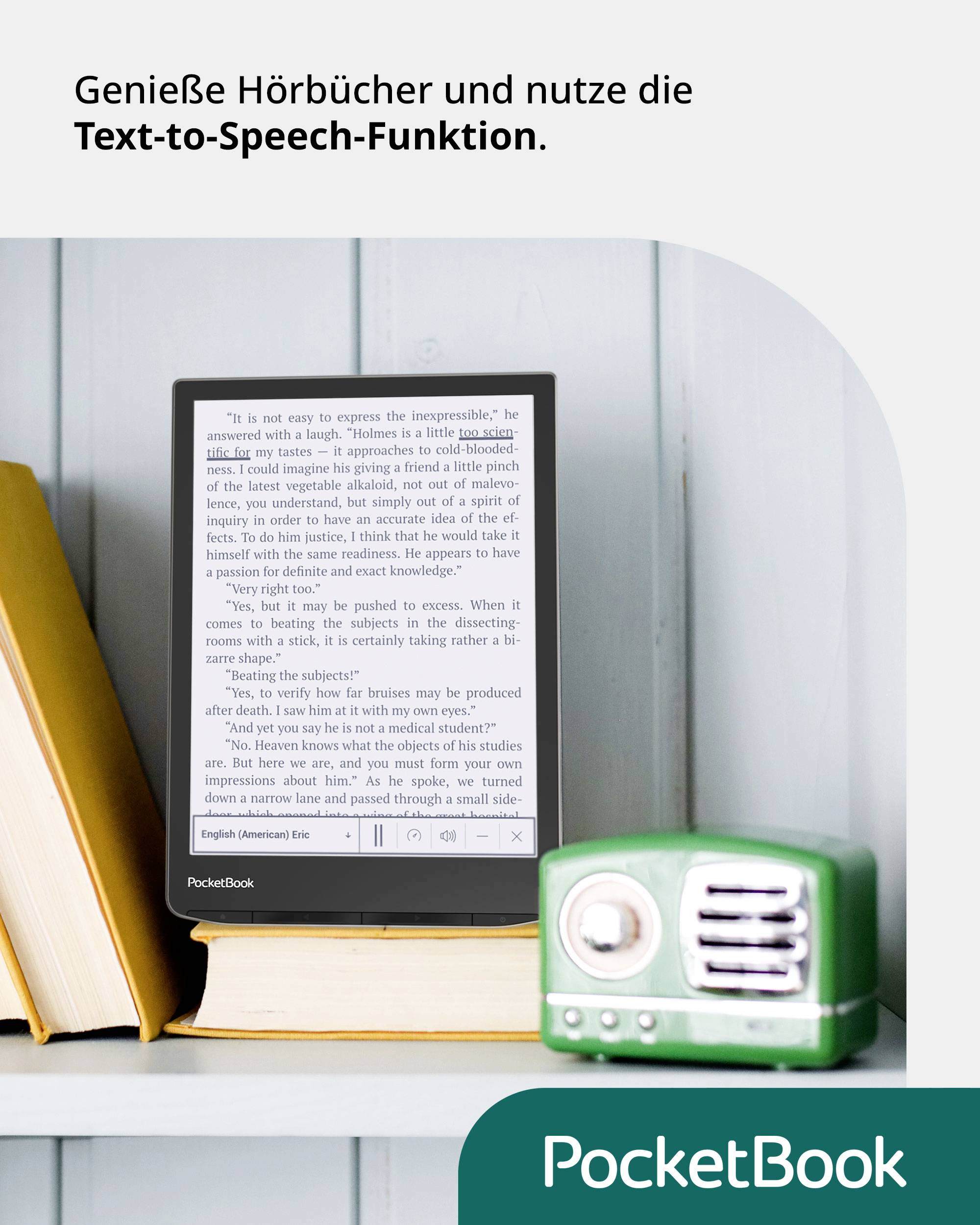 E-Reader auf Bücherregal mit Textanzeige, daneben ein Retro-Radio. Oben steht: 'Genieße Hörbücher und nutze die Text-to-Speech-Funktion.'