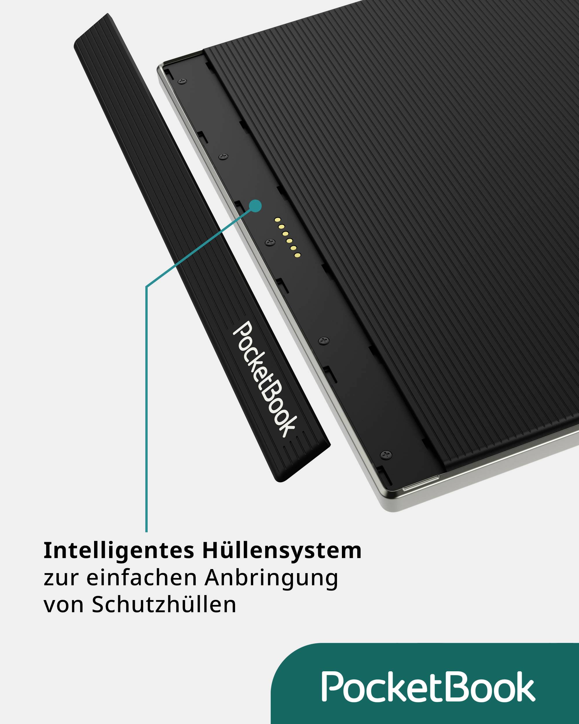 'Ein intelligentes Hüllensystem zur einfachen Anbringung von Schutzhüllen an einem PocketBook-Gerät.'