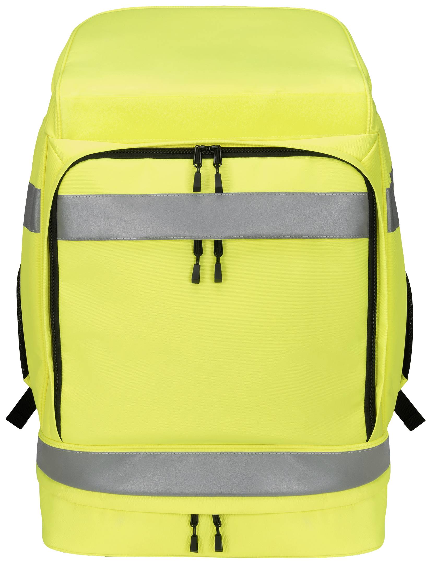 Ein gelber Rucksack mit reflektierenden Streifen. Er hat mehrere Reißverschlüsse und ist für den Transport von Lieferungen geeignet.