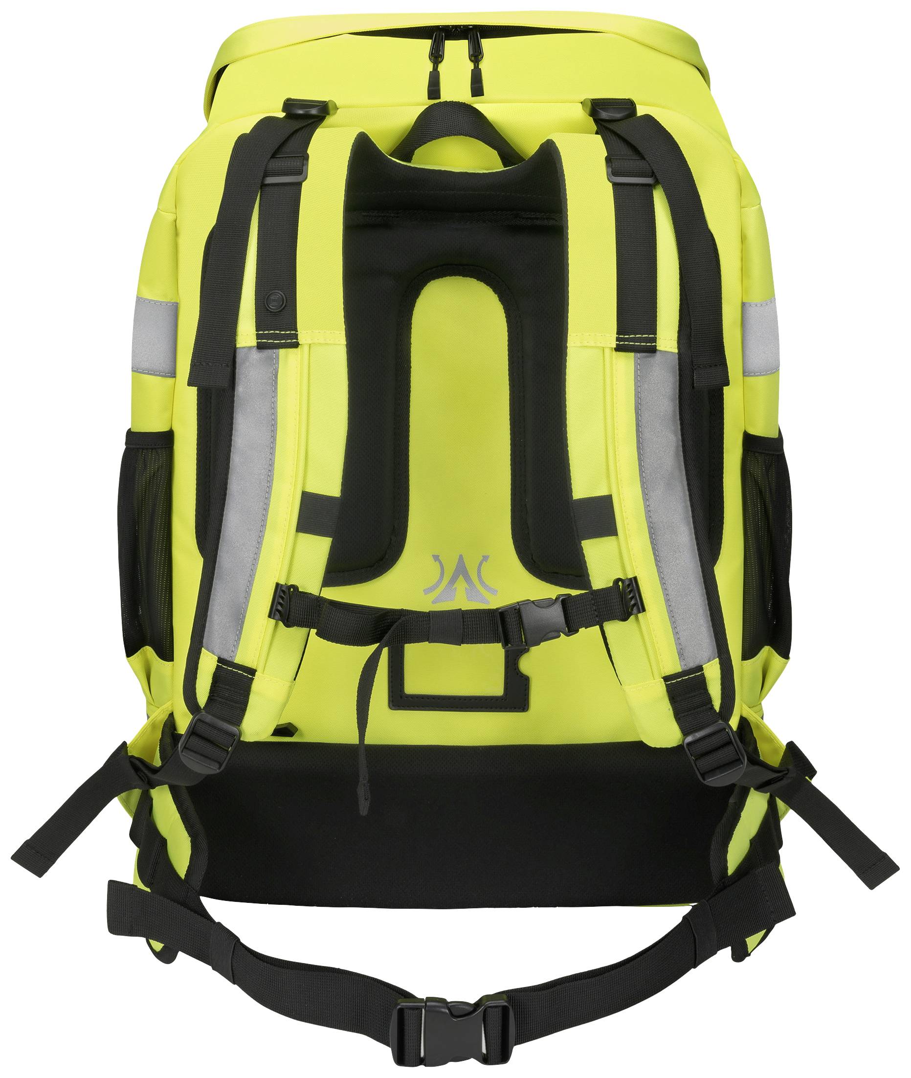 Gelber Rucksack mit schwarzen und grauen Akzenten. Mehrere Fächer und Schnallen, geeignet für Outdoor-Aktivitäten oder Reisen.