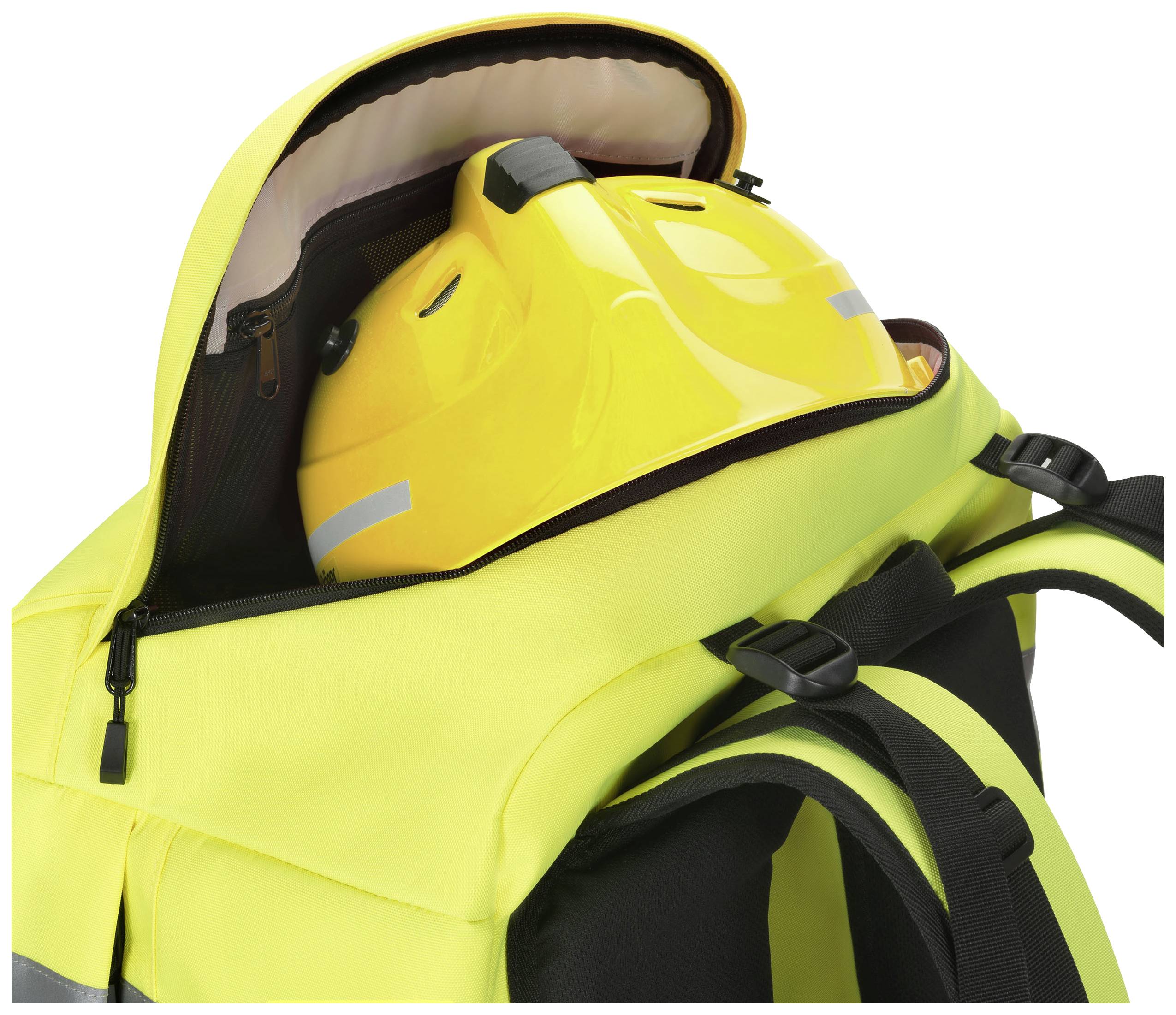 Ein gelber Rucksack mit geöffnetem Reißverschluss zeigt einen gelben Helm im Inneren. Der Rucksack hat schwarze Riemen.