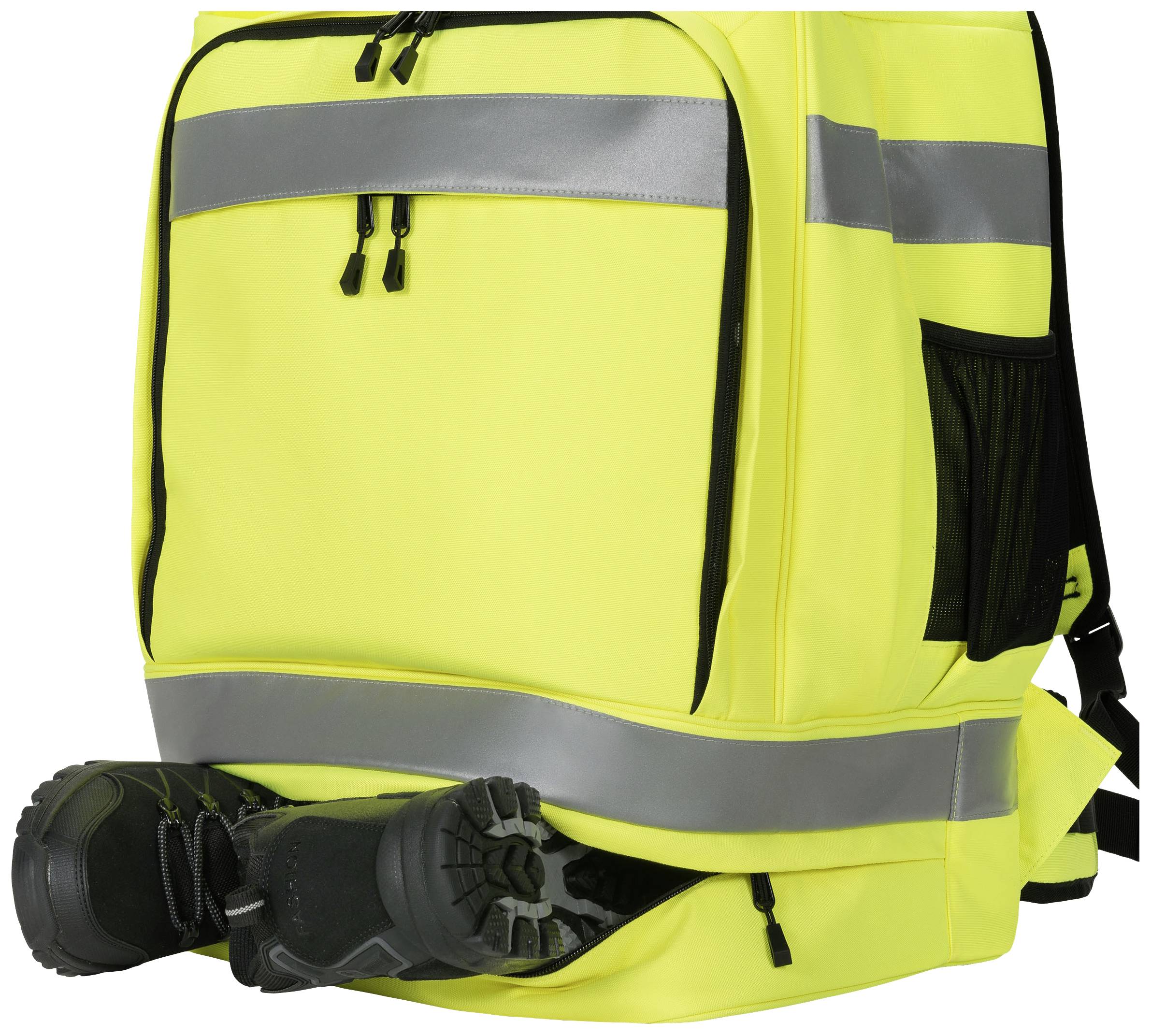 Ein gelber Rucksack mit reflektierenden Streifen, seitlichem Netzfach und Fach für Schuhe unten. Ideal für bessere Sichtbarkeit und Transport.
