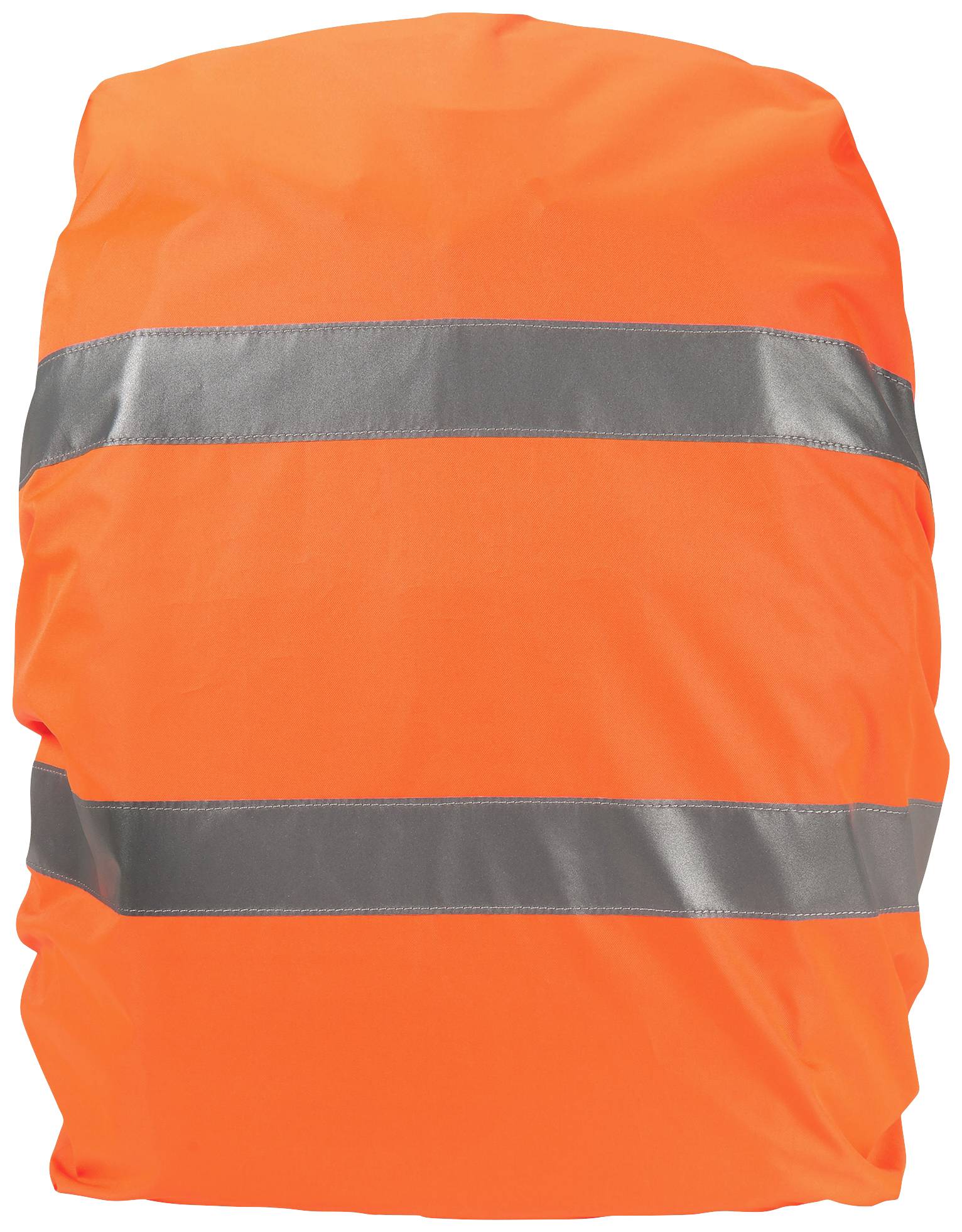 Eine leuchtend orangefarbene Schutzabdeckung mit zwei reflektierenden Streifen, vermutlich für erhöhte Sichtbarkeit im Verkehr.