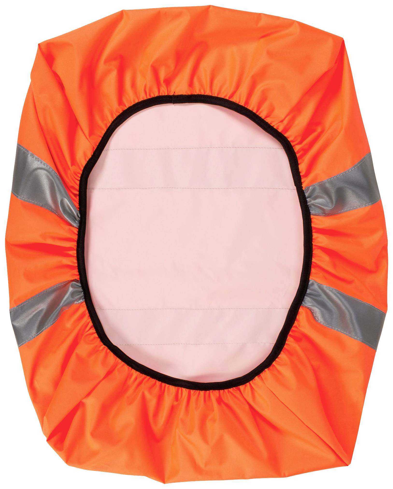 Orange Abdeckung mit reflektierenden Streifen und eingefassten Kanten. Geeignet für Rucksäcke, um Sichtbarkeit und Schutz zu erhöhen.