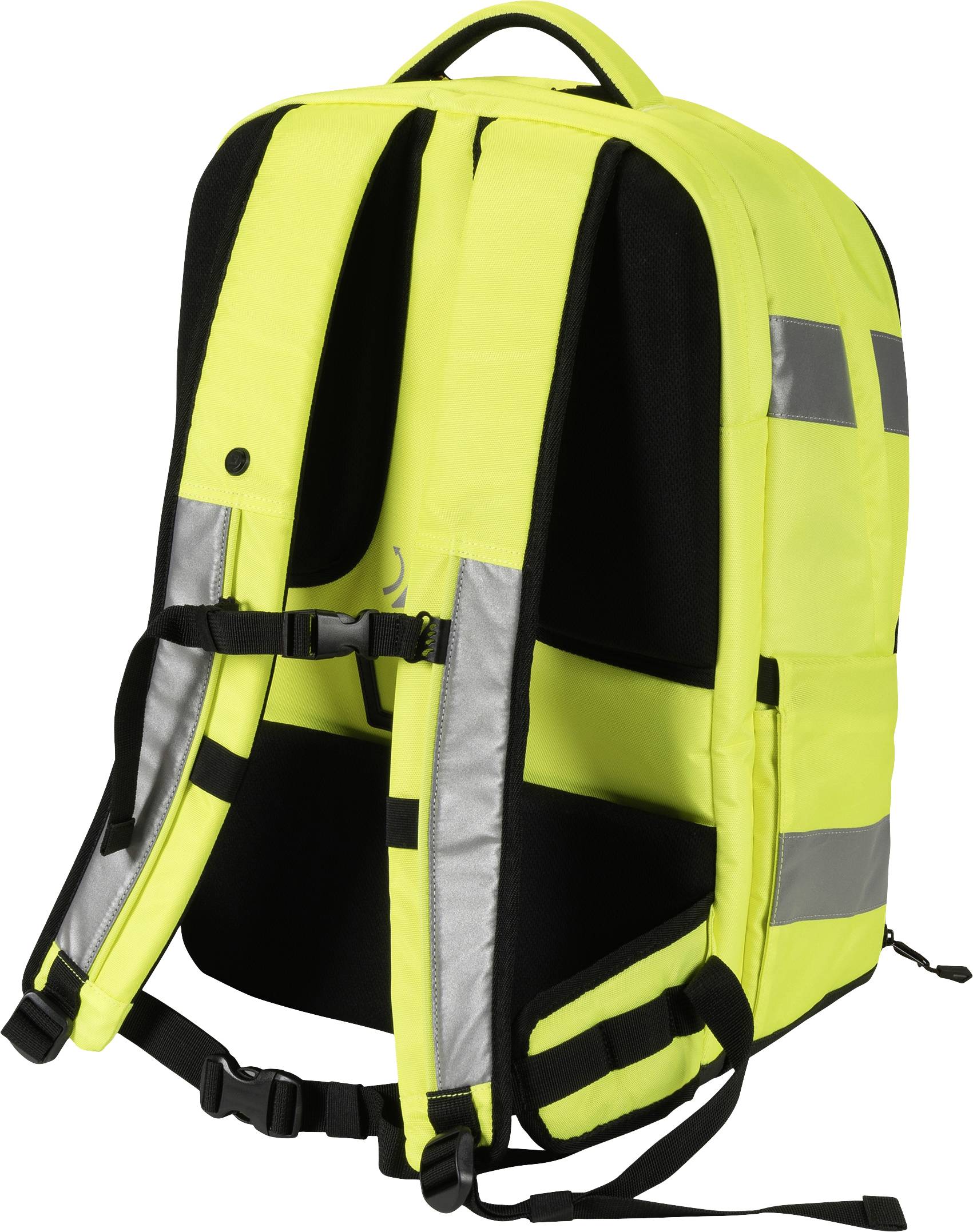 Rückansicht eines gelben reflektierenden Rucksacks mit verstellbaren Gurten und reflektierenden Streifen für Sichtbarkeit.