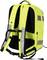 Rückansicht eines gelben reflektierenden Rucksacks mit verstellbaren Gurten und reflektierenden Streifen für Sichtbarkeit.