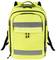 Gelber Rucksack mit zwei silbernen Reflektorstreifen, mehreren Reißverschlusstaschen und schwarzen Schultergurten.