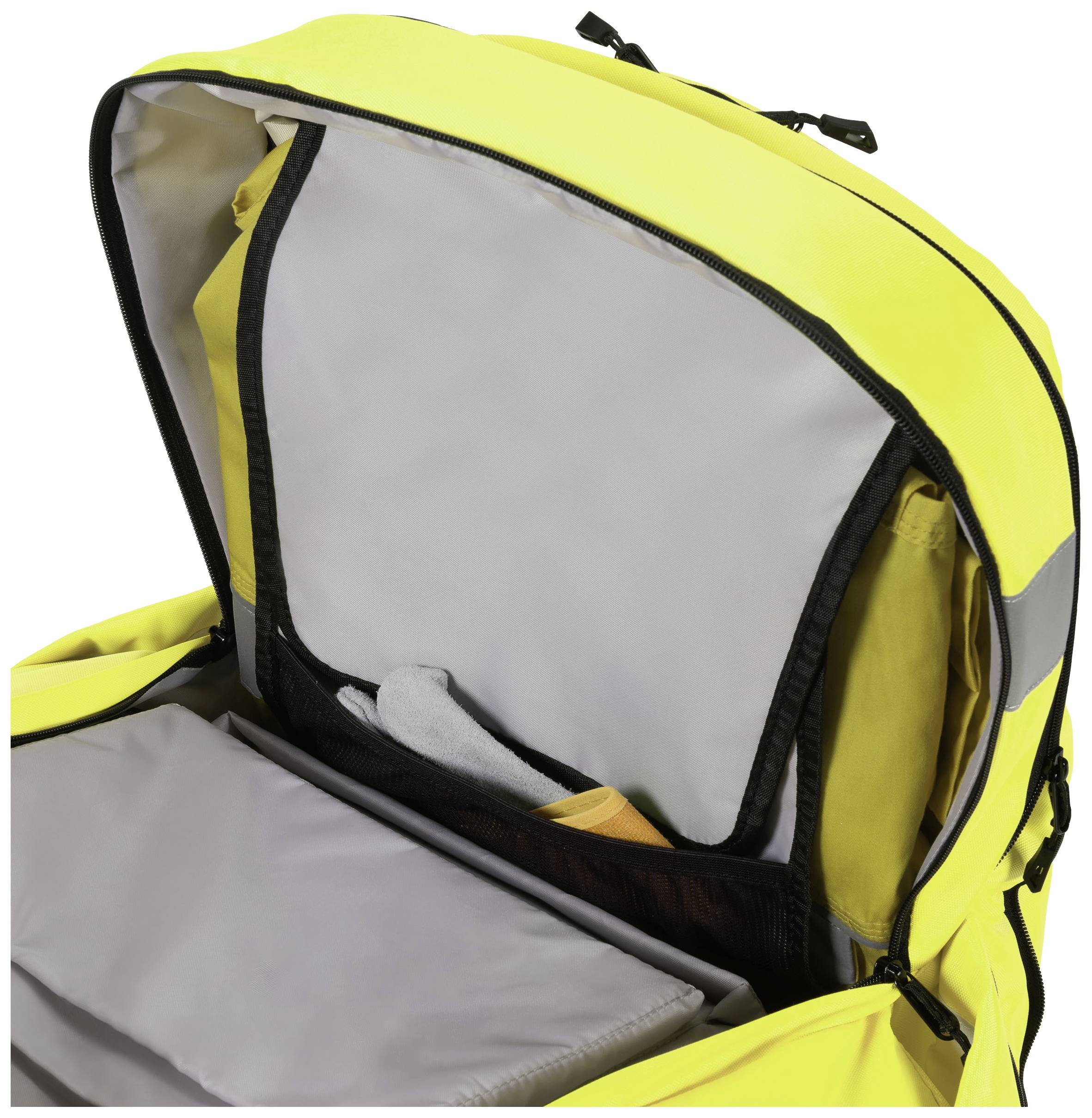 Ein geöffneter, gelber Rucksack mit mehreren Fächern ist zu sehen. Er enthält einen Ordner, ein Heft und ein gefaltetes Kleidungsstück.