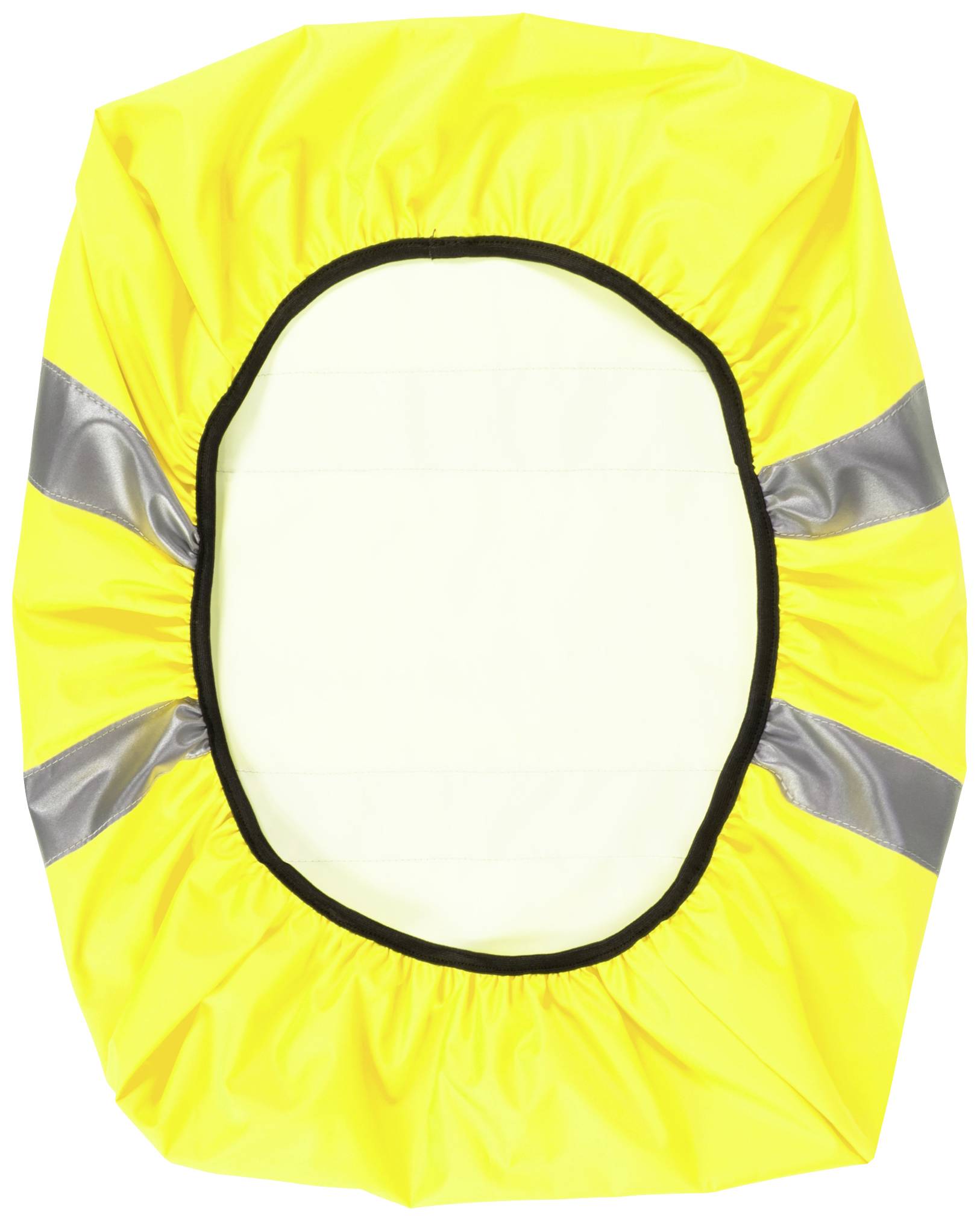 Gelbe, reflektierende Regenhülle für Rucksäcke mit zwei grauen, reflektierenden Streifen.