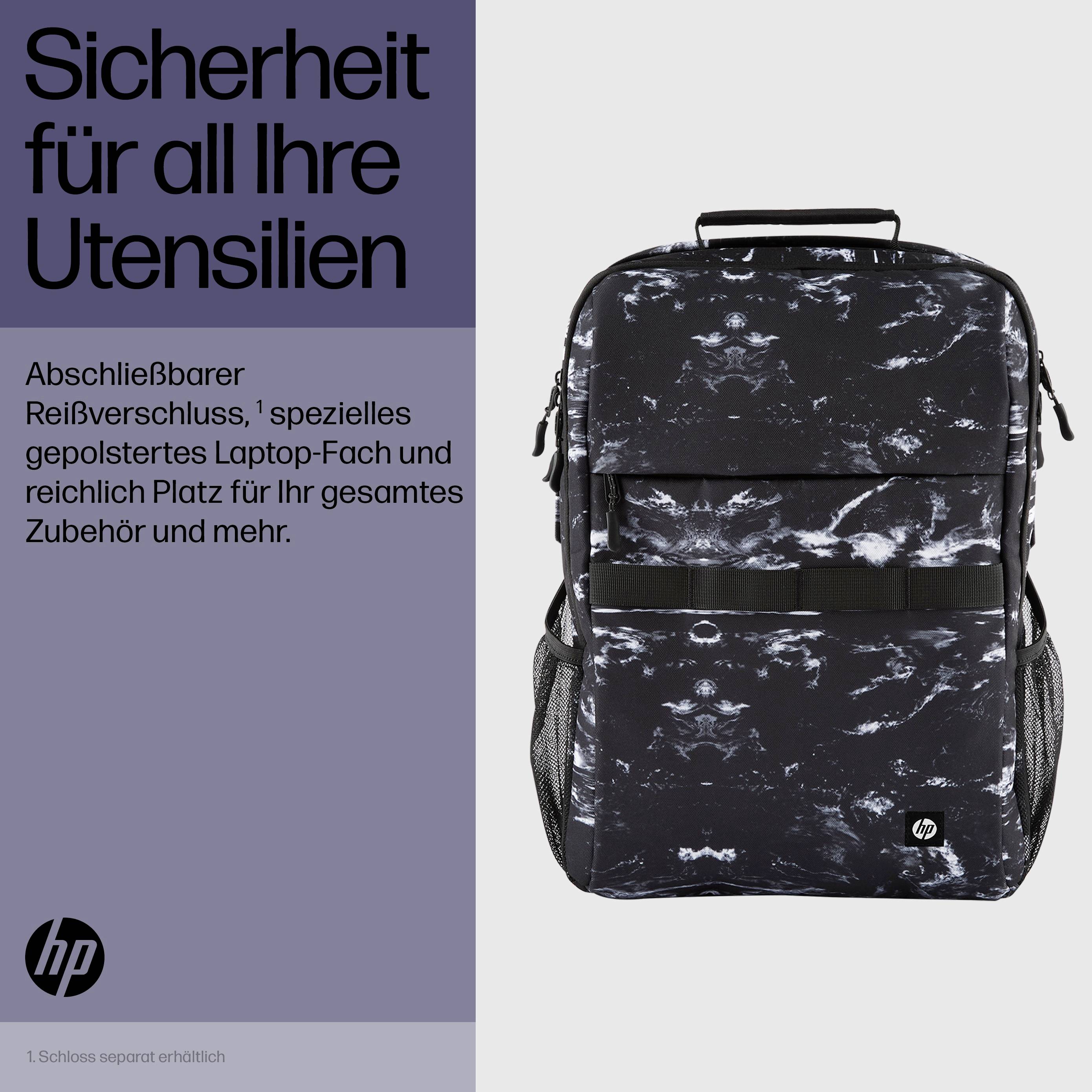 'Schwarzer Rucksack mit Laptop-Fach und abschließbarem Reißverschluss. Bietet viel Platz für Zubehör.'