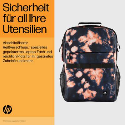 Eine bunte Laptop-Tasche mit Reißverschluss wird präsentiert. Text hebt Funktionen wie gepolstertes Fach und viel Stauraum hervor.