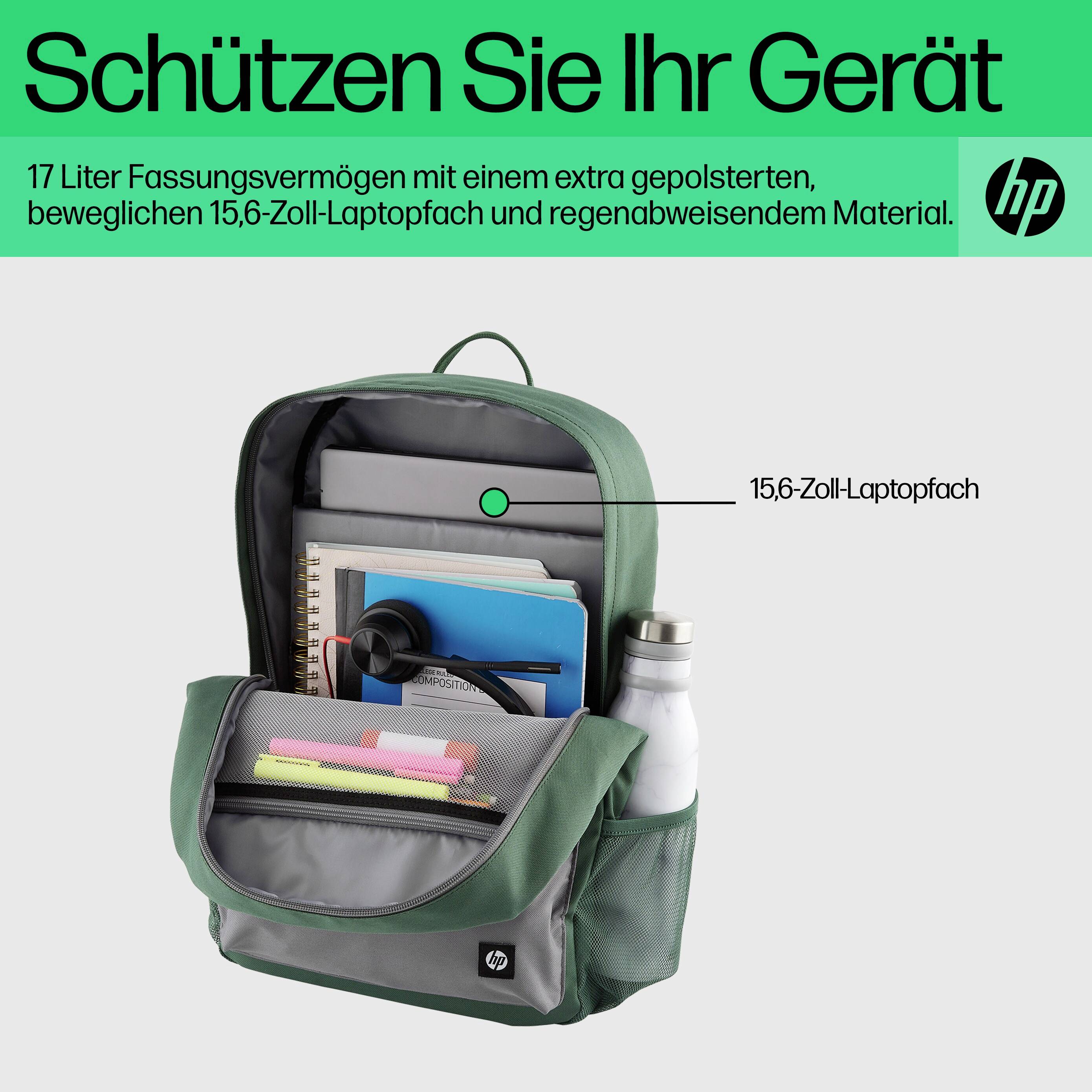 Geöffnete grüne Laptop-Tasche mit 15,6-Zoll-Laptopfach, mehreren Fächern für Zubehör und HP-Logo, bewirbt Schutz und Stauraum.