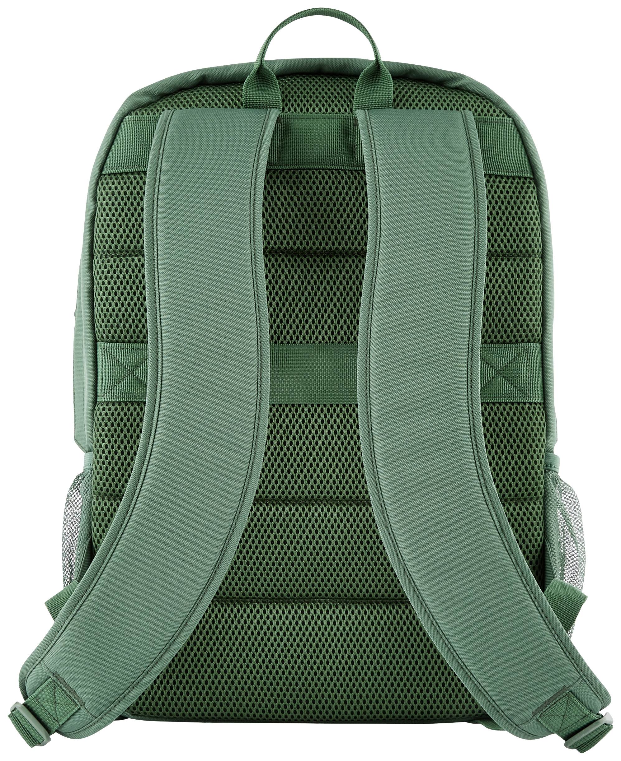 Grüner Rucksack von hinten, mit gepolsterten Schultergurten und Mesh-Rücken für Belüftung.