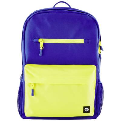 Ein blauer Rucksack mit gelben Reißverschlüssen und Taschen.