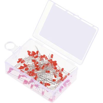 Kunststoffbox mit offenem Deckel, gefüllt mit vielen roten LEDs auf silbernen Drahtanschlüssen.