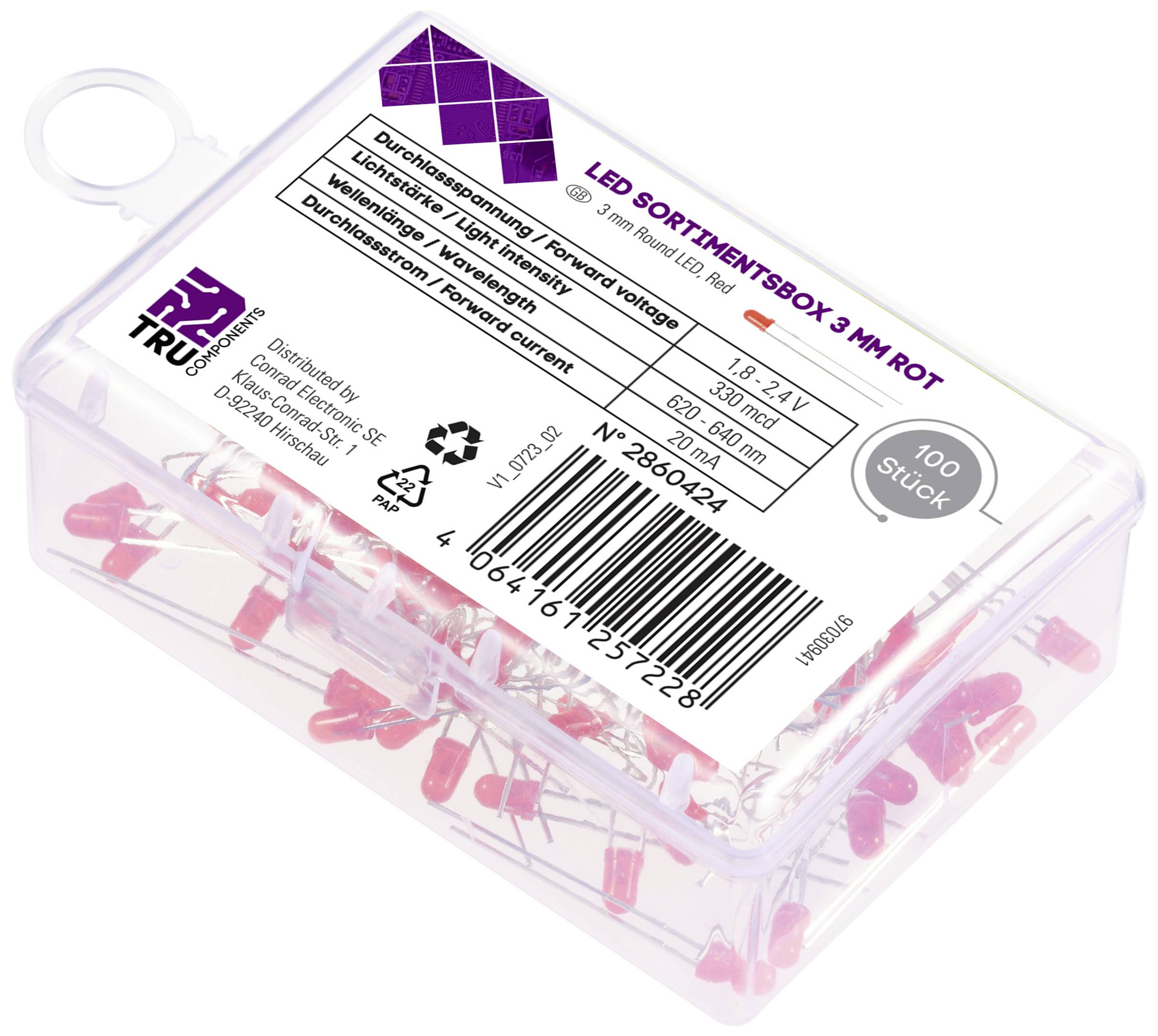 'LED Sortimentbox 3 mm Rot' auf einer transparenten Box mit 100 roten LEDs. Technische Spezifikationen und Barcode sind sichtbar.