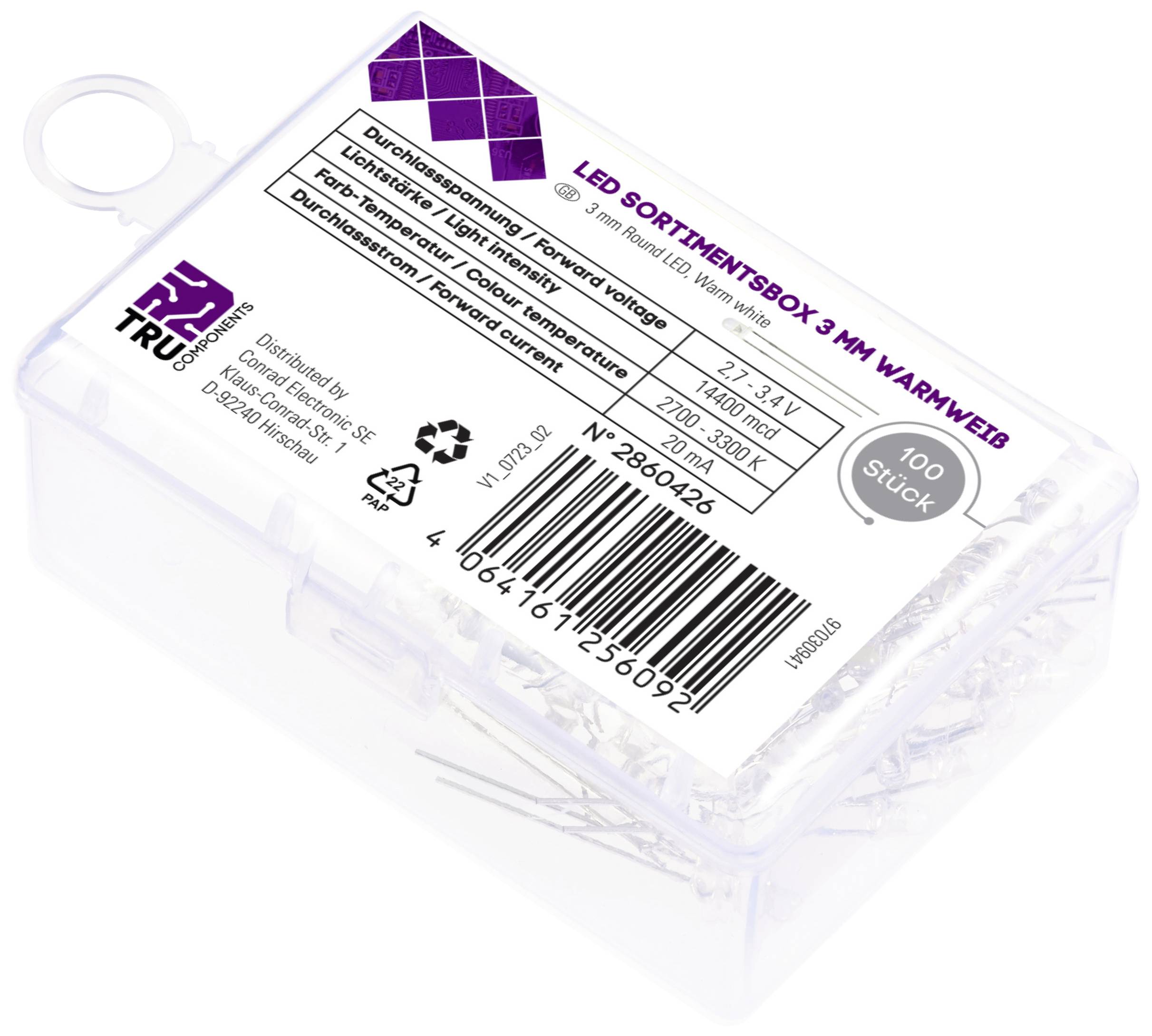 'LED-Sortimentsbox: Enthält 100 warmweiße LEDs, 3mm, 3,3V. Ideal für DIY-Elektronikprojekte. In einer transparenten Kunststoffbox.'