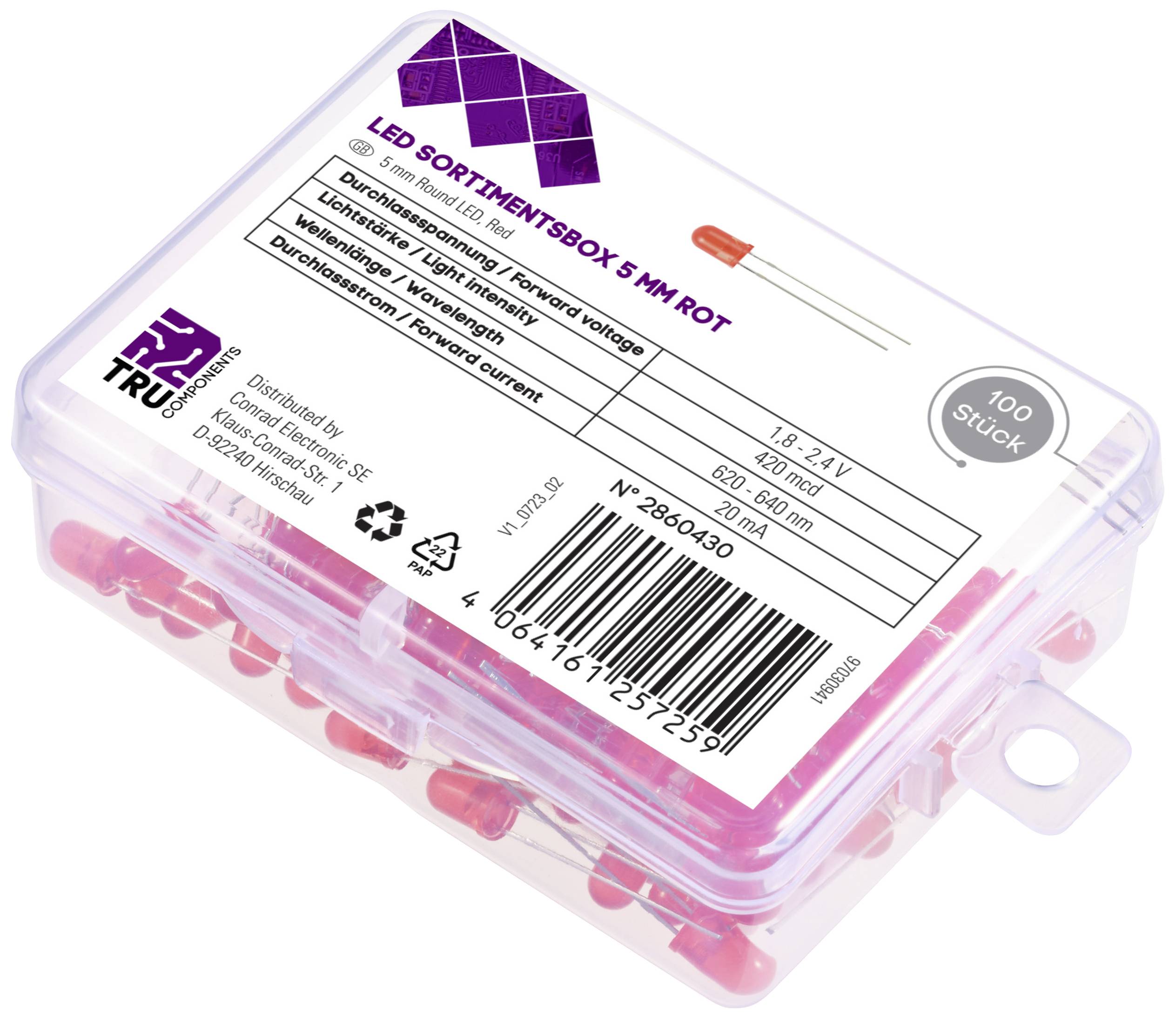 'LED-Sortimentsbox 5 mm Rot' enthält 100 rote LEDs. Technische Daten: Durchmesser 5 mm, Vorwärtsspannung 1,8-2,4V, Strom 20mA.