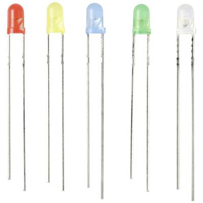 Fünf verschiedenfarbige LED-Lampen mit langen Metallbeinen stehen nebeneinander: rot, gelb, blau, grün und transparent.