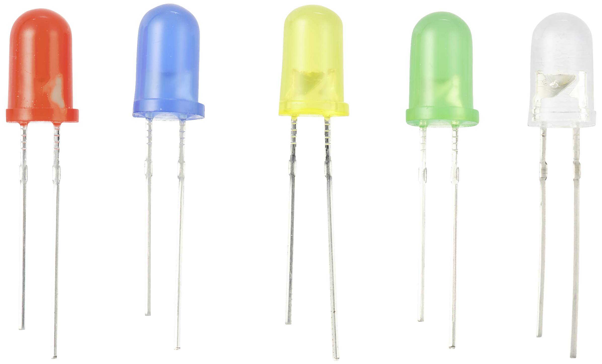 Fünf LEDs in verschiedenen Farben (rot, blau, gelb, grün, klar) mit langen Anschlüssen, nebeneinander in einer Reihe angeordnet.