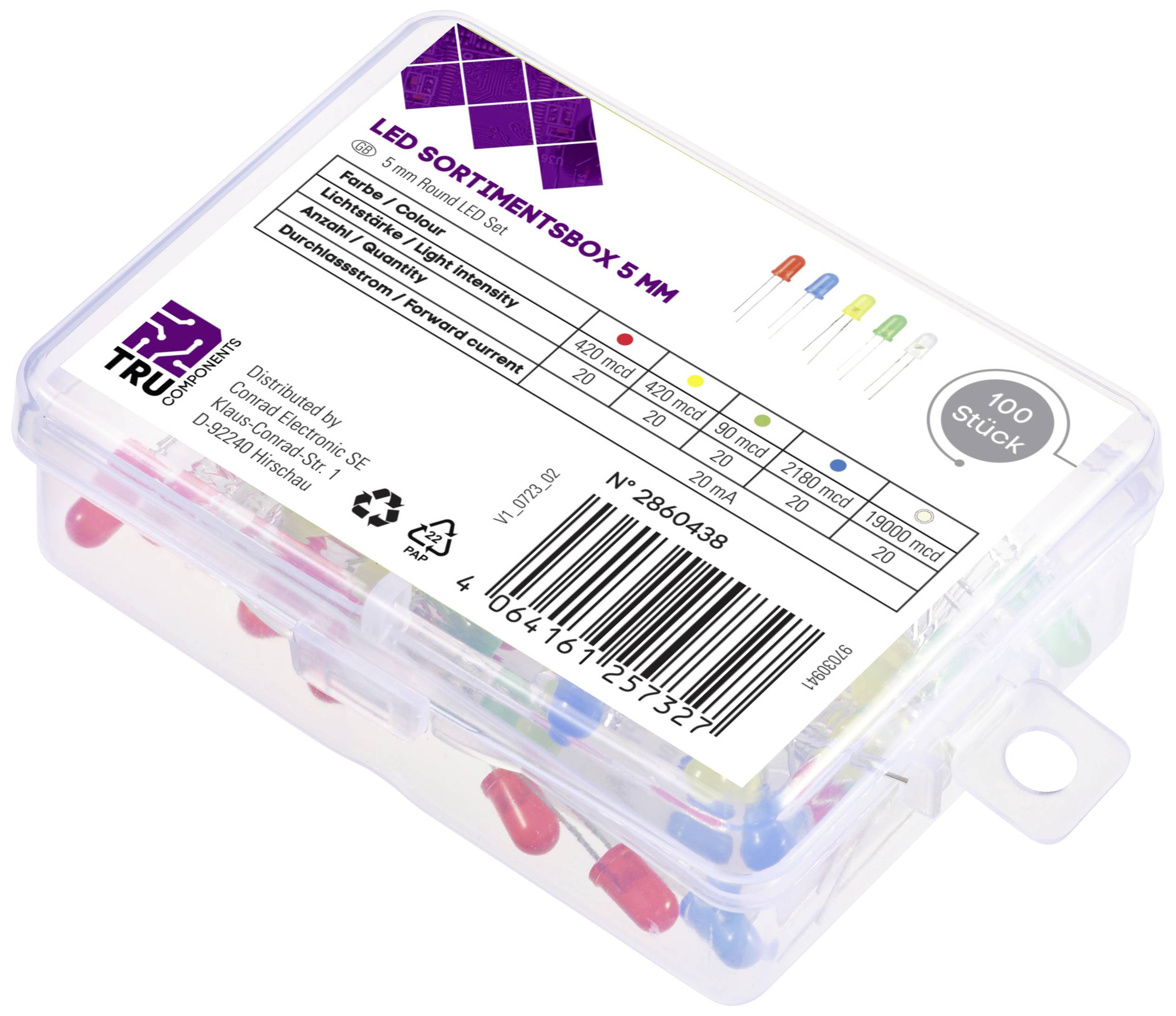 'LED Sortimentbox 5 mm' mit 100 Stück LEDs in verschiedenen Farben. Enthält technische Informationen zur Spannung und Lumen.