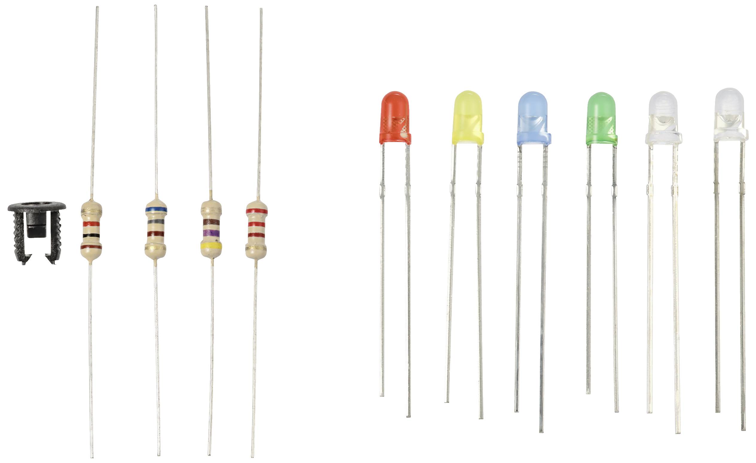 'Mehrfarbige LEDs und Widerstände mit Ringen, die die elektrischen Werte anzeigen, sind auf einer weißen Fläche angeordnet.'