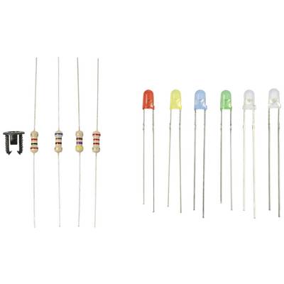'Mehrfarbige LEDs und Widerstände mit Ringen, die die elektrischen Werte anzeigen, sind auf einer weißen Fläche angeordnet.'