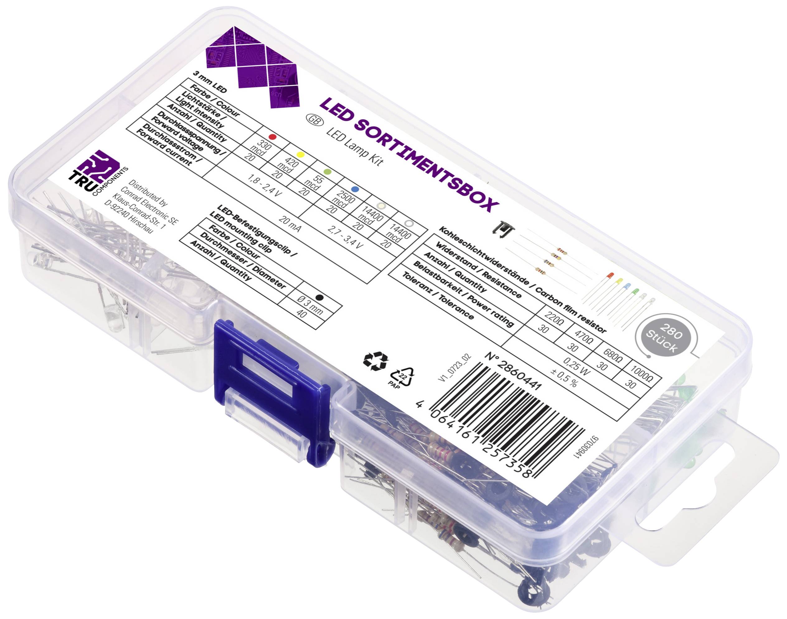 'LED Sortimentsbox' mit verschiedenen LEDs und Spezifikationen auf dem Etikett, verpackt in einer transparenten Kunststoffbox.